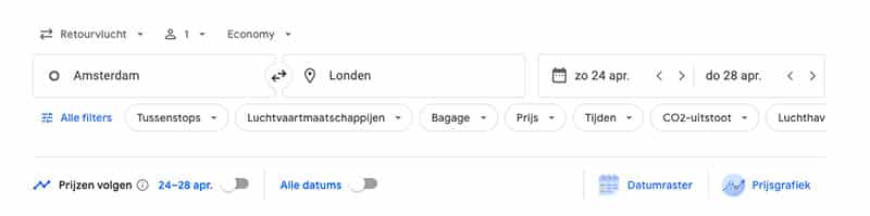 Prijsalarm instellen Google Flights