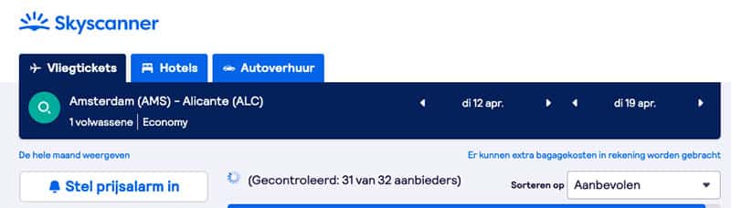 Prijsalarm instellen Skyscanner