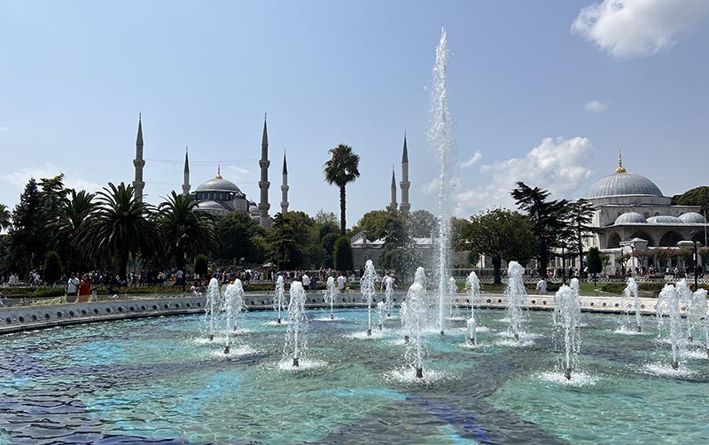 De bekende moskeen in de wijk Sultanahmet